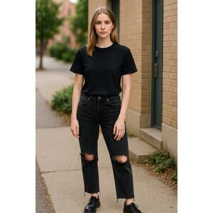 2/$30 TOPSHOP Straight Leg Jeans Size W26 Graphite Black Raw Hem Distressed Knee